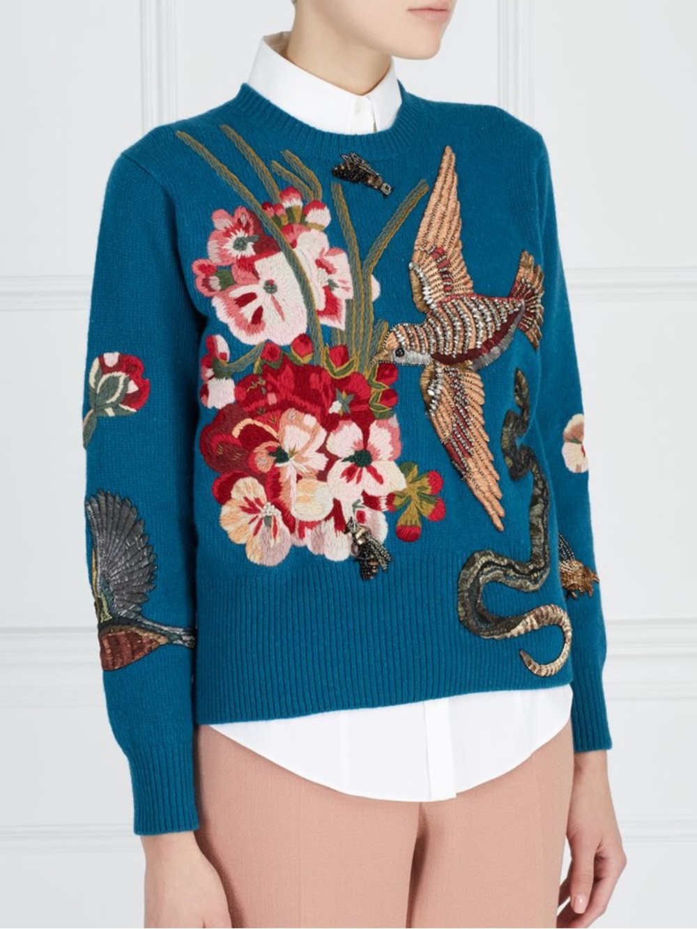 Teal Embroidered Floral & Bird Crewneck Sweater